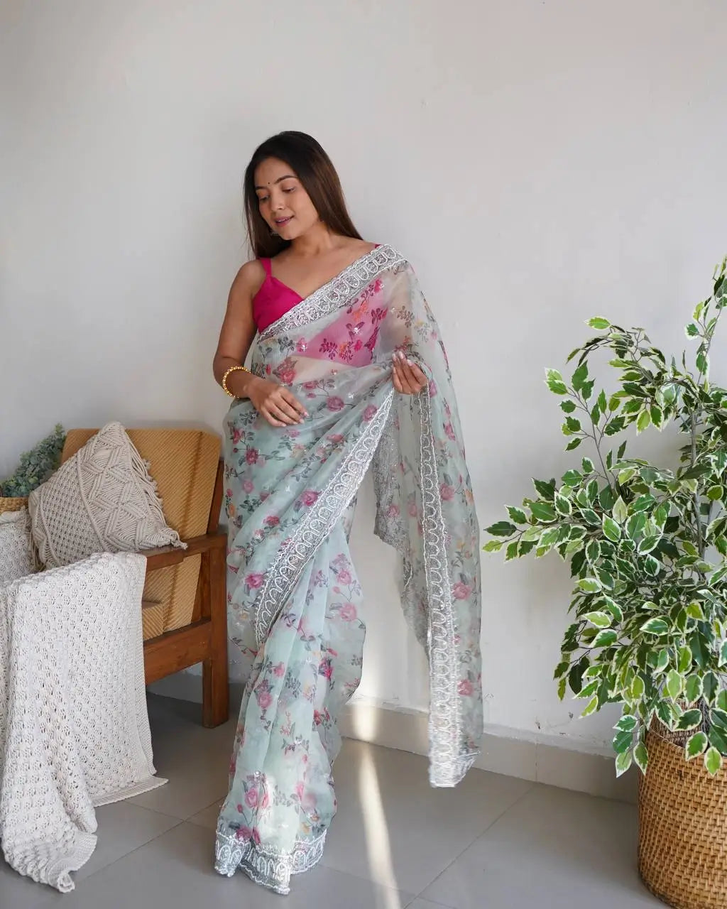 Floral Printed Organza Silk Saree With Embroidered Border