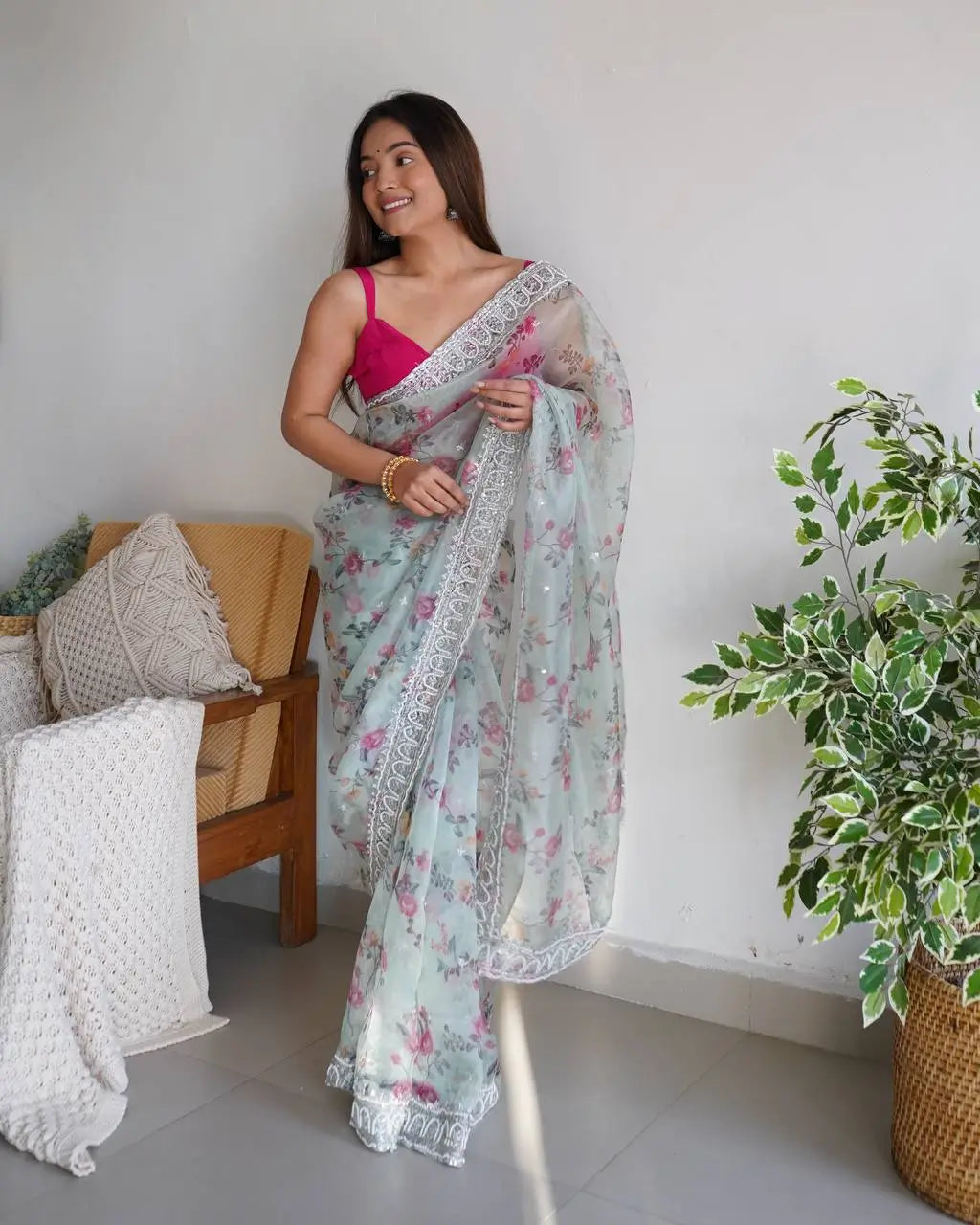 Floral Printed Organza Silk Saree With Embroidered Border