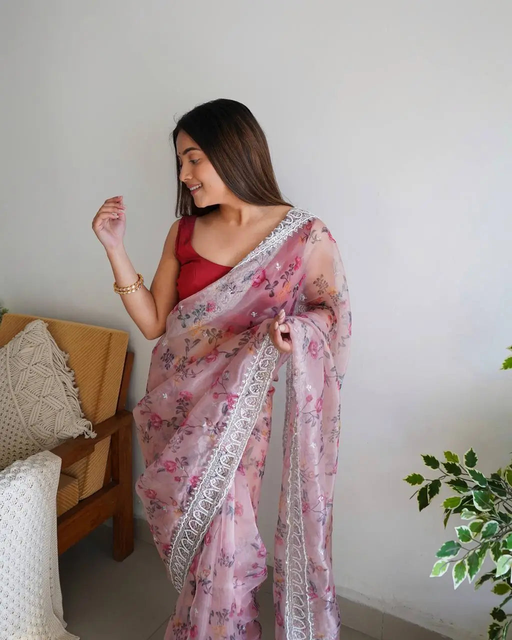 Floral Printed Organza Silk Saree With Embroidered Border