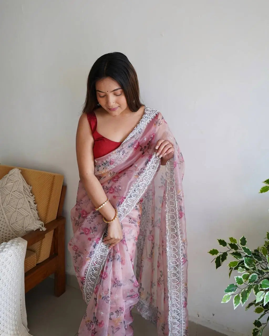 Floral Printed Organza Silk Saree With Embroidered Border