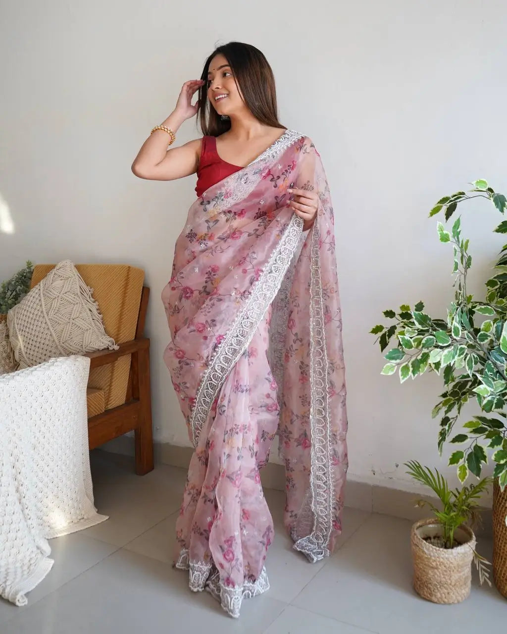 Floral Printed Organza Silk Saree With Embroidered Border