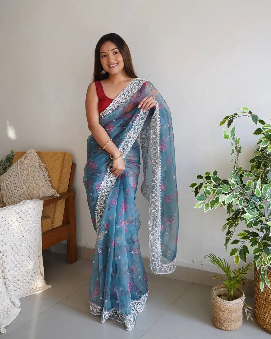 Floral Printed Organza Silk Saree With Embroidered Border
