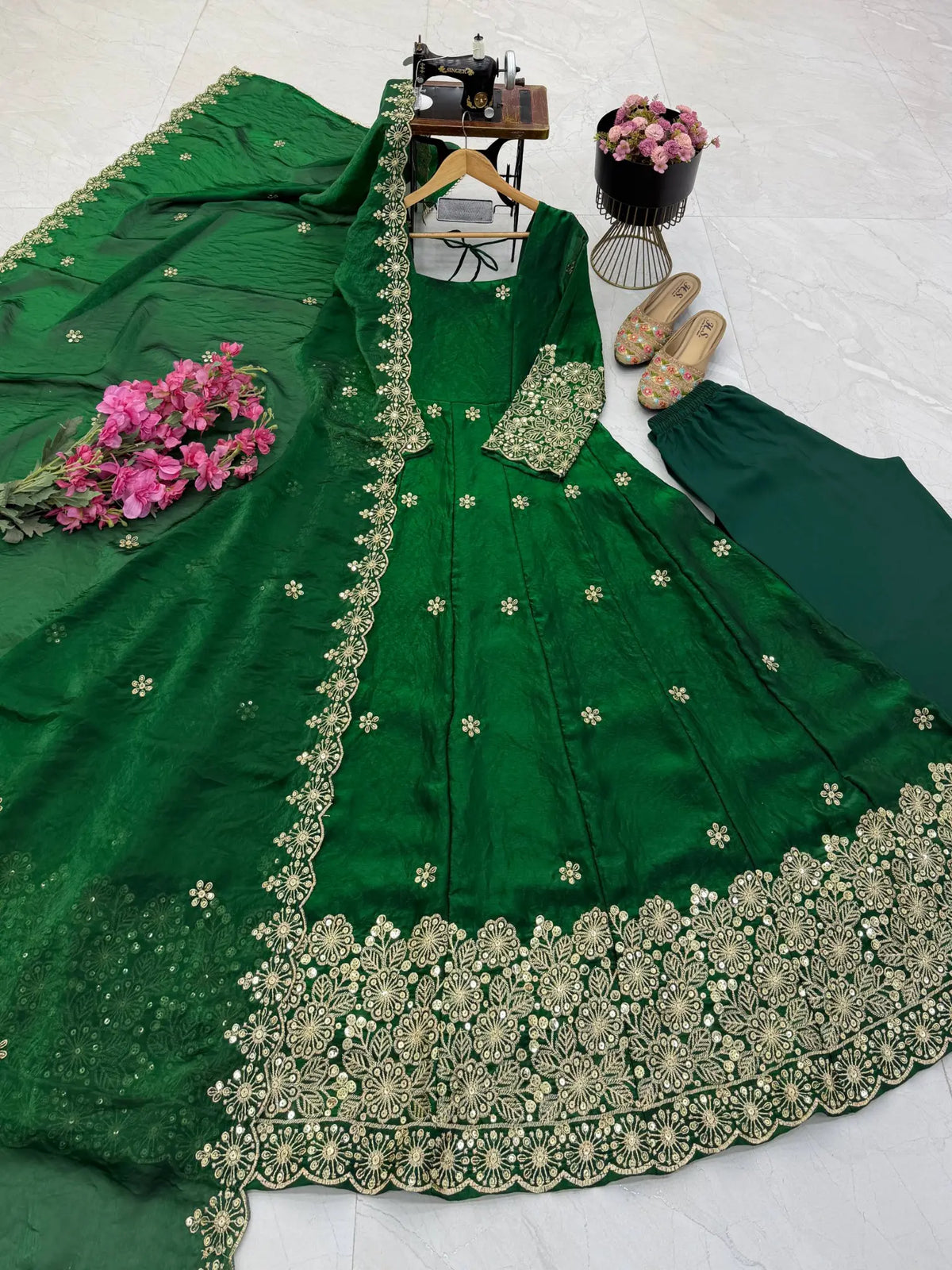Floral Resham Sequin Silk Gown