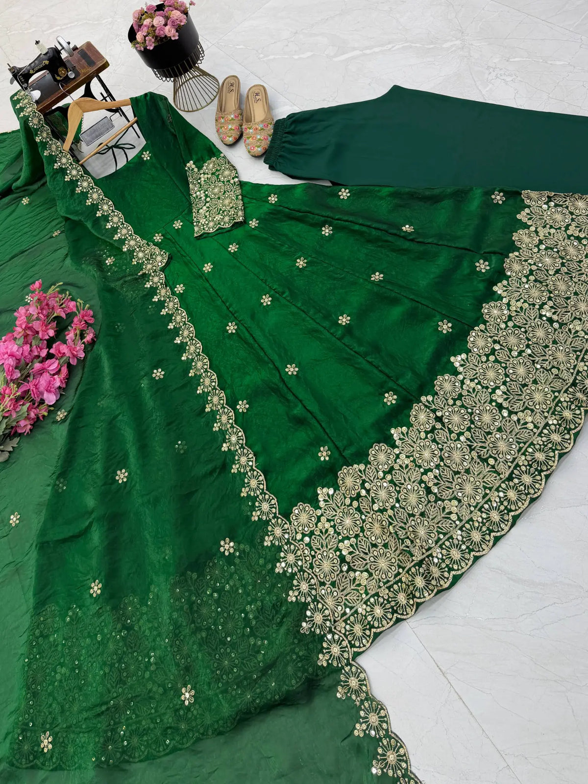 Floral Resham Sequin Silk Gown