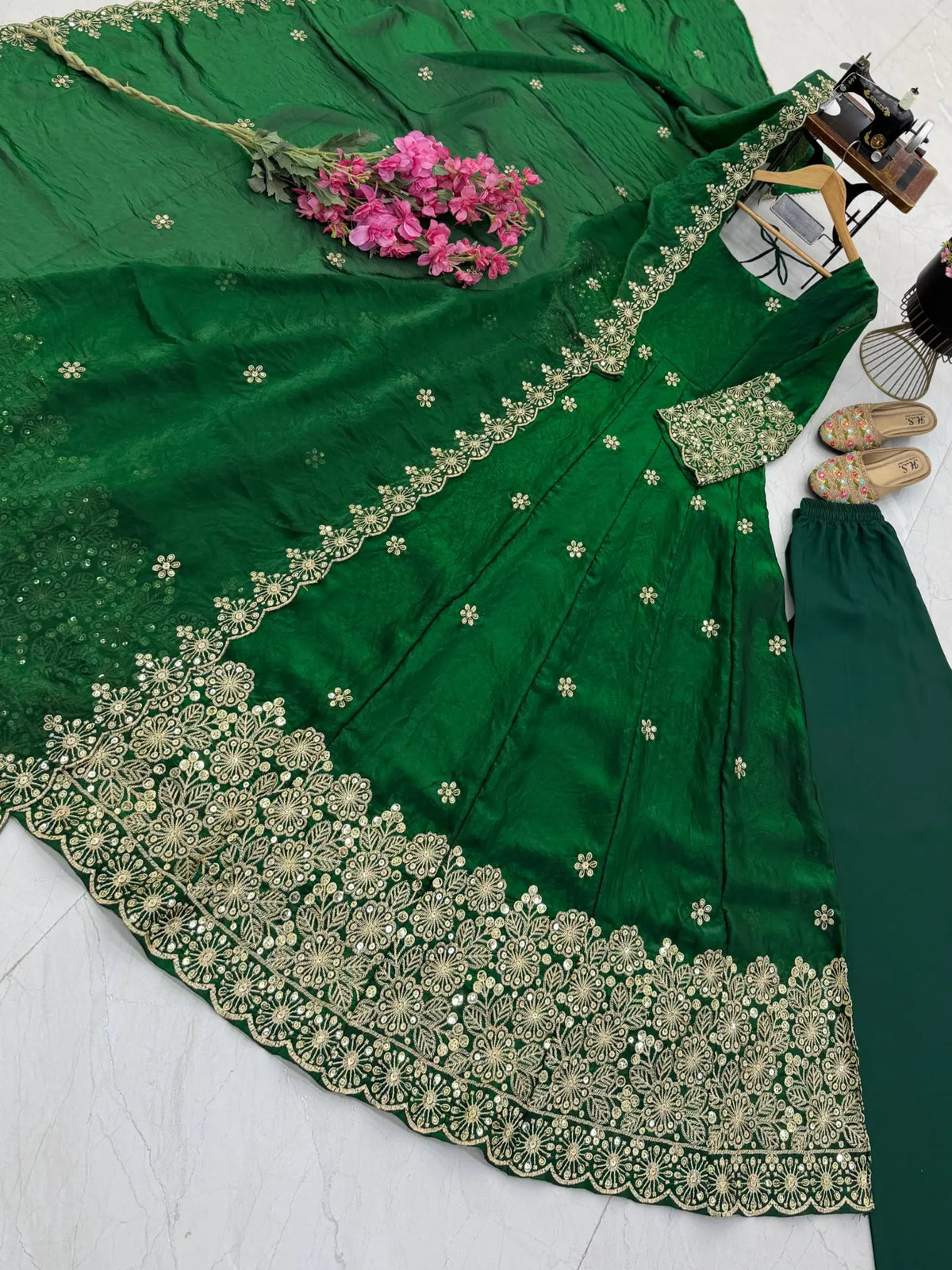 Floral Resham Sequin Silk Gown
