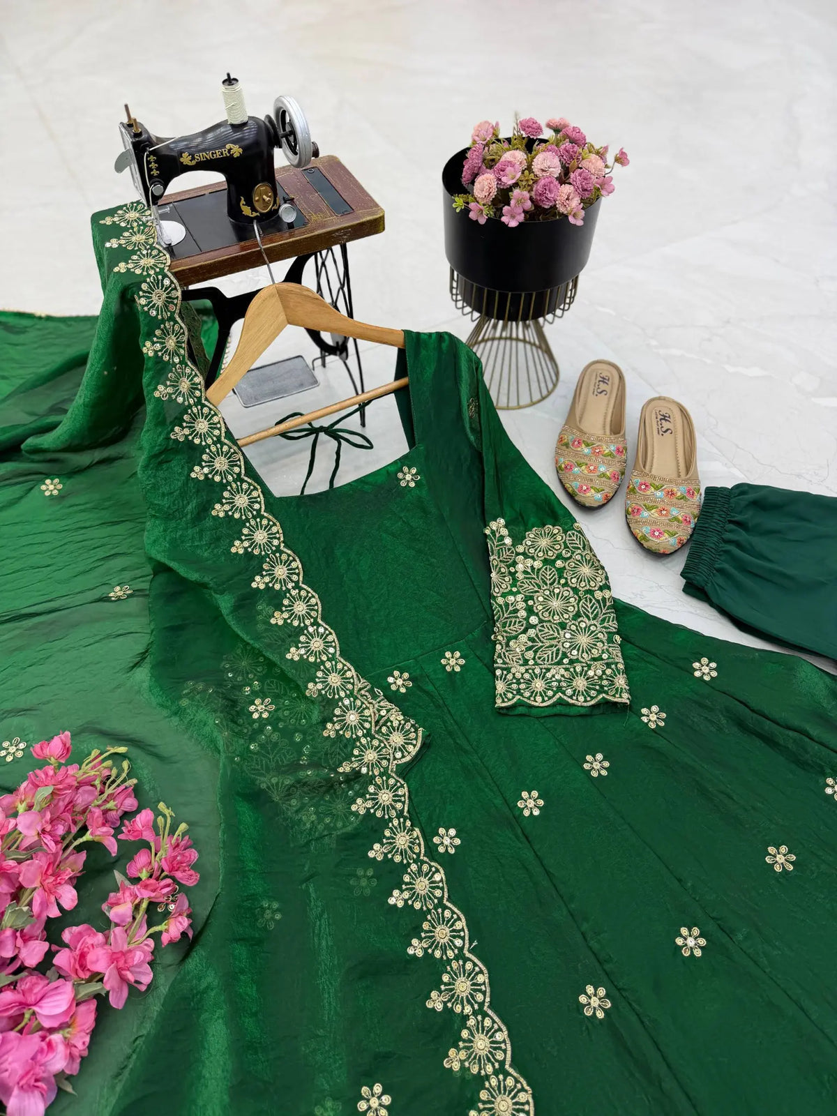 Floral Resham Sequin Silk Gown