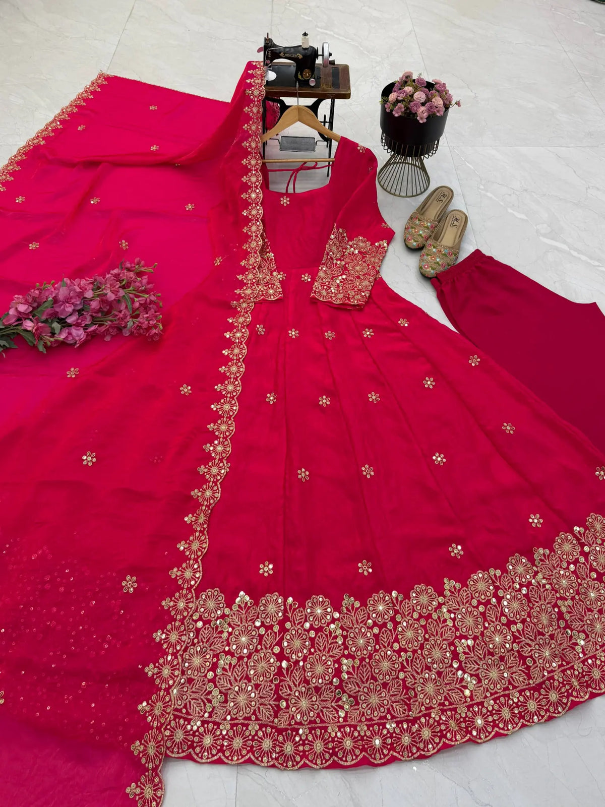 Floral Resham Sequin Silk Gown