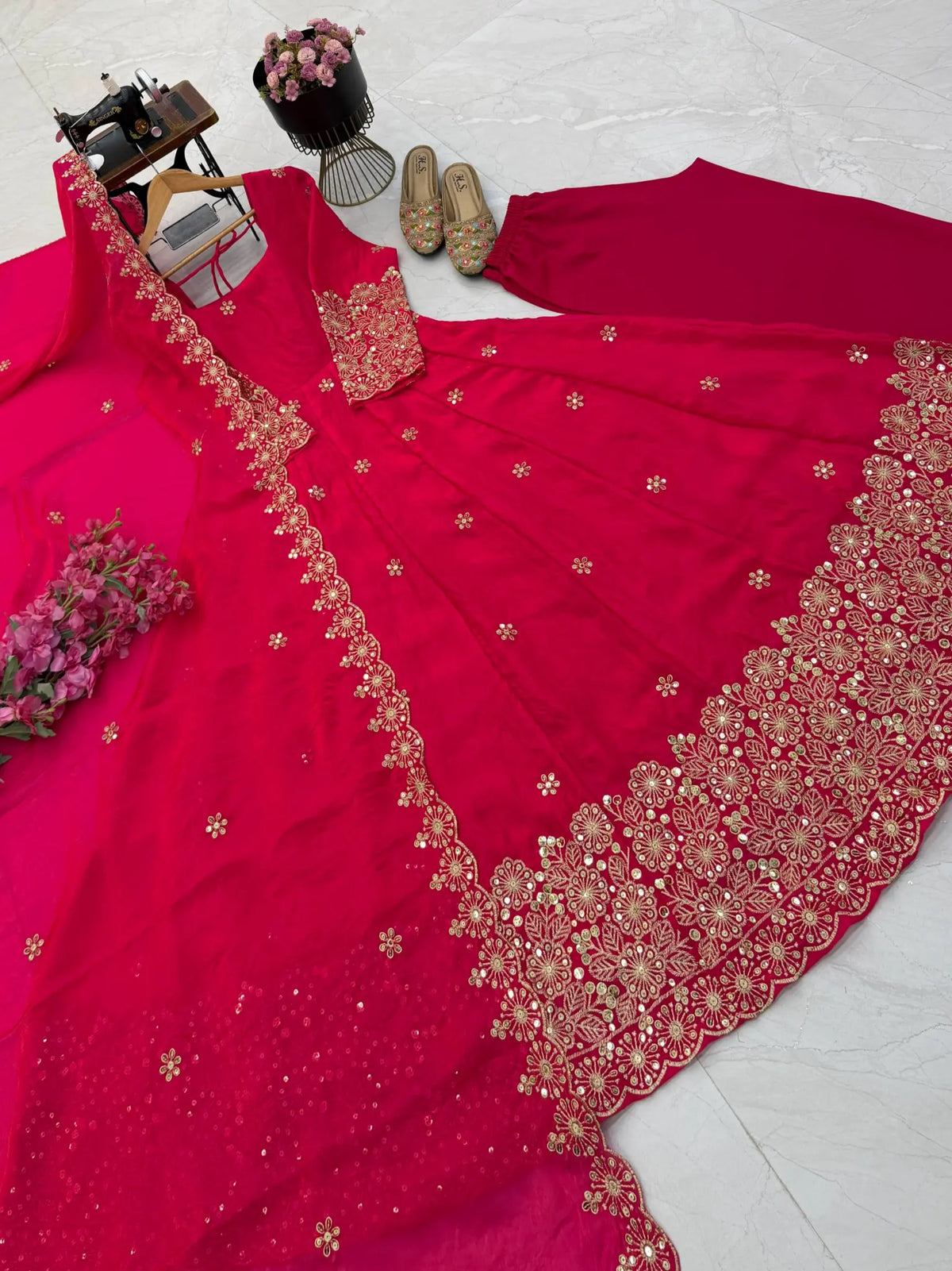 Floral Resham Sequin Silk Gown