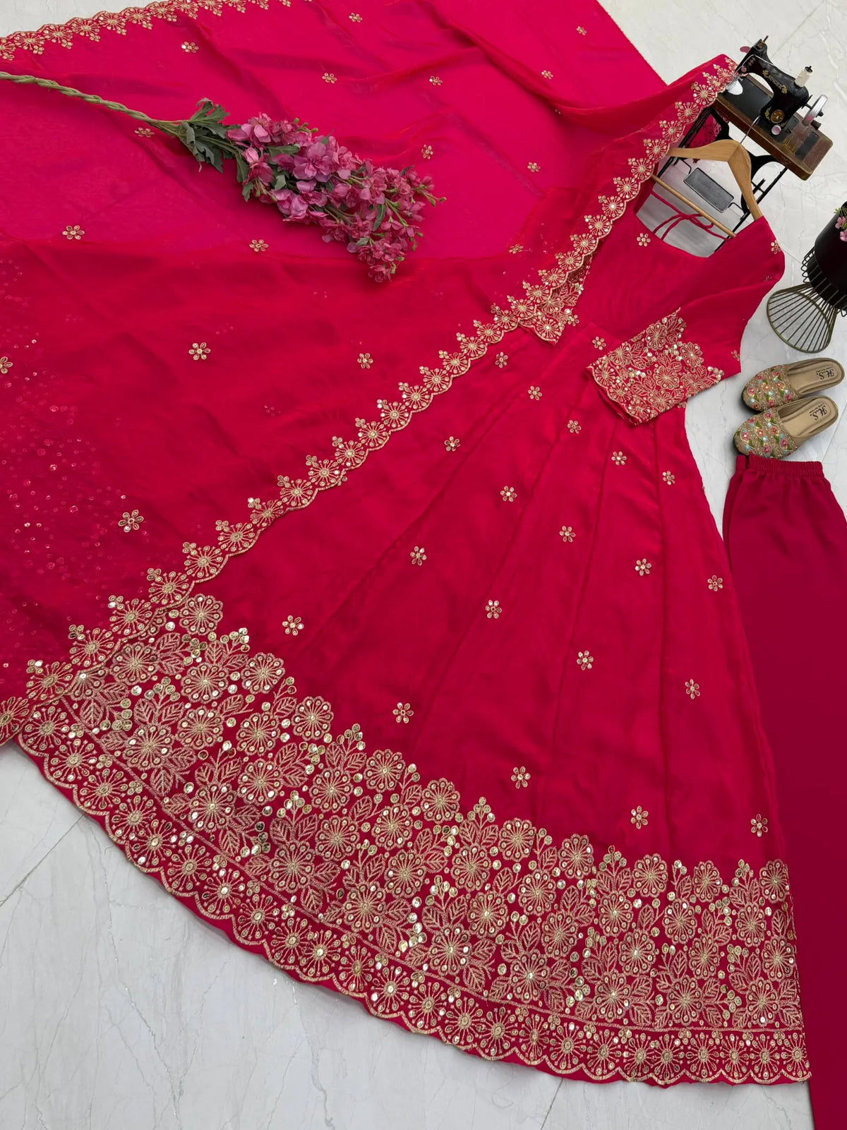 Floral Resham Sequin Silk Gown