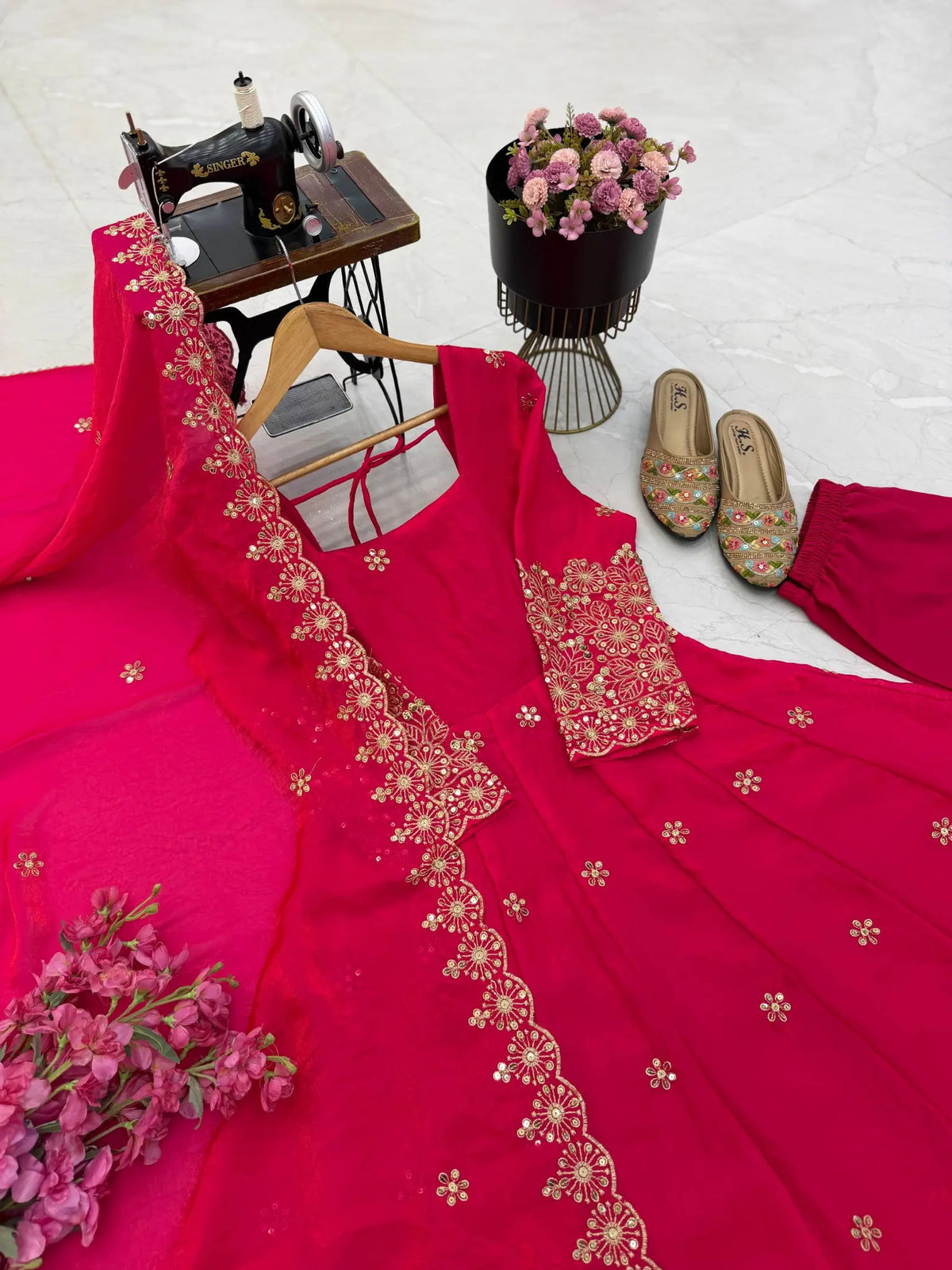 Floral Resham Sequin Silk Gown