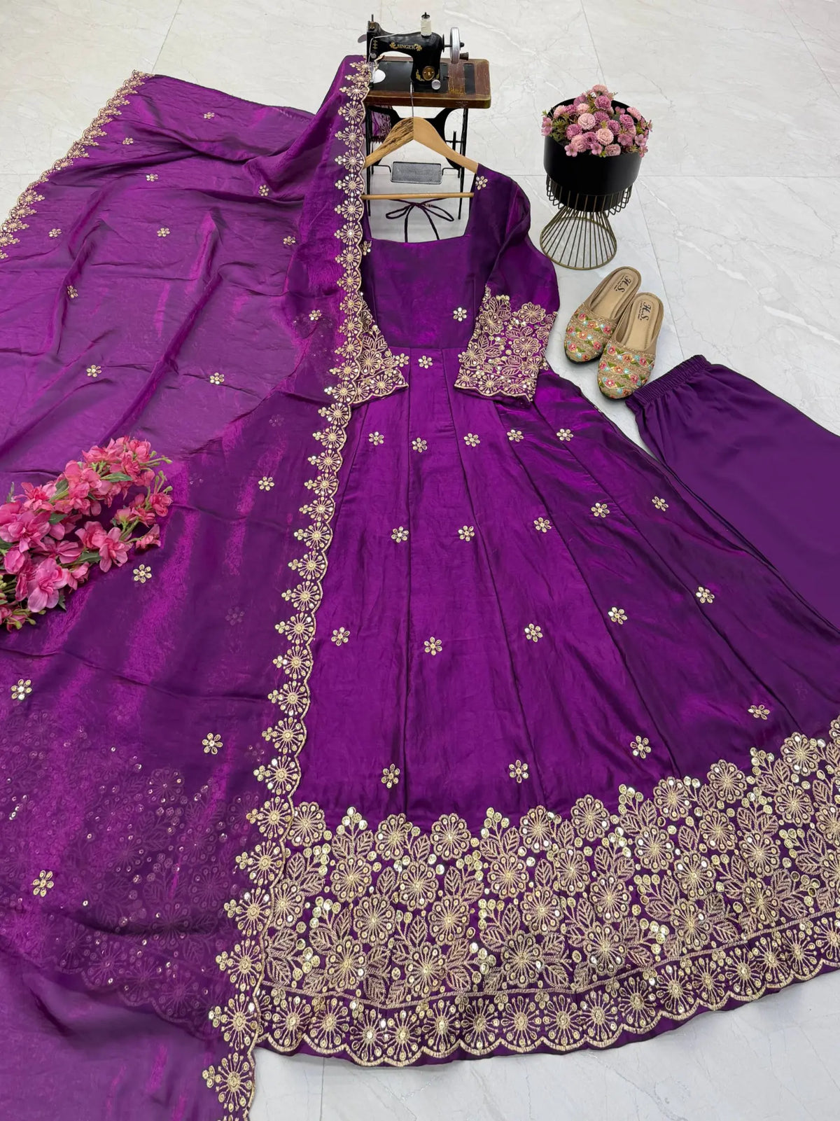 Floral Resham Sequin Silk Gown