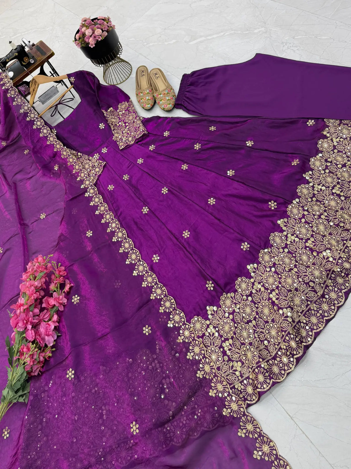 Floral Resham Sequin Silk Gown