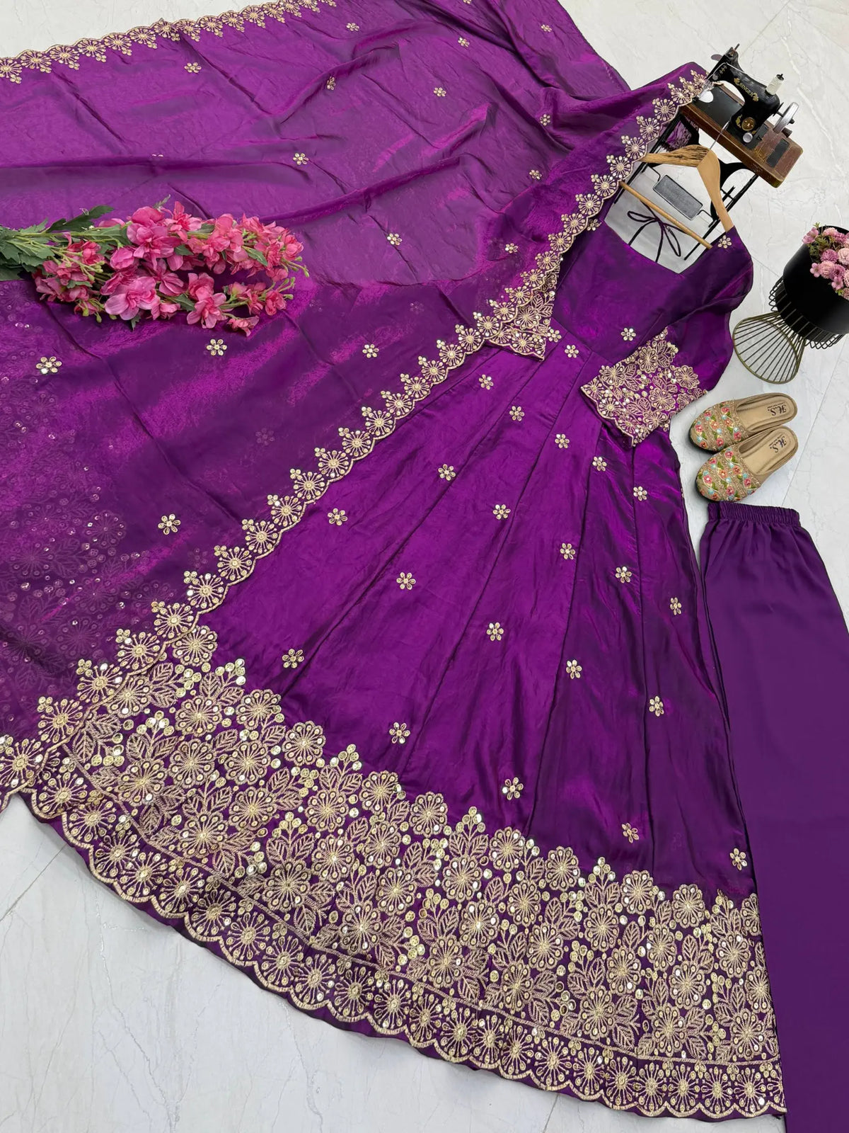Floral Resham Sequin Silk Gown