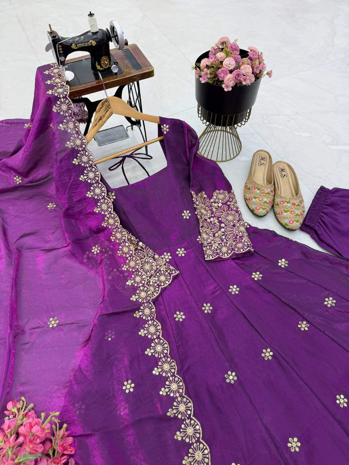 Floral Resham Sequin Silk Gown
