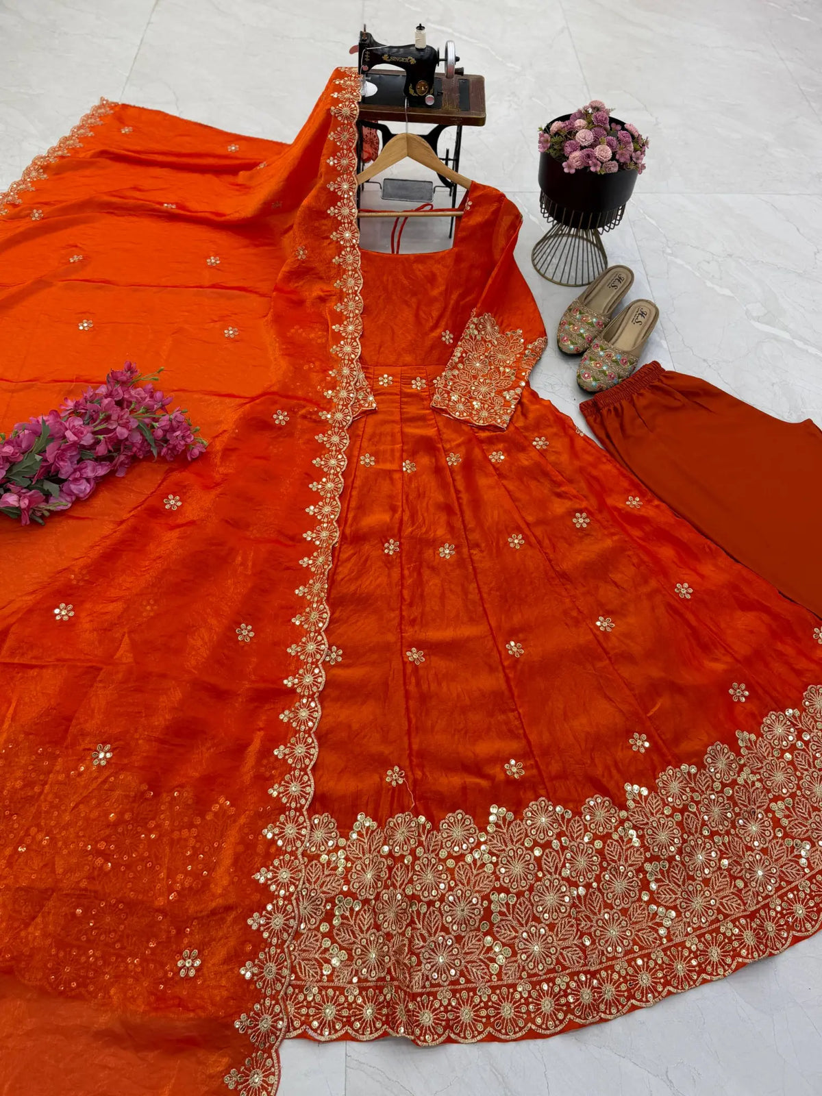 Floral Resham Sequin Silk Gown