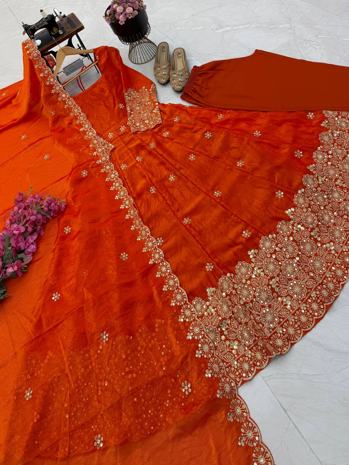 Floral Resham Sequin Silk Gown