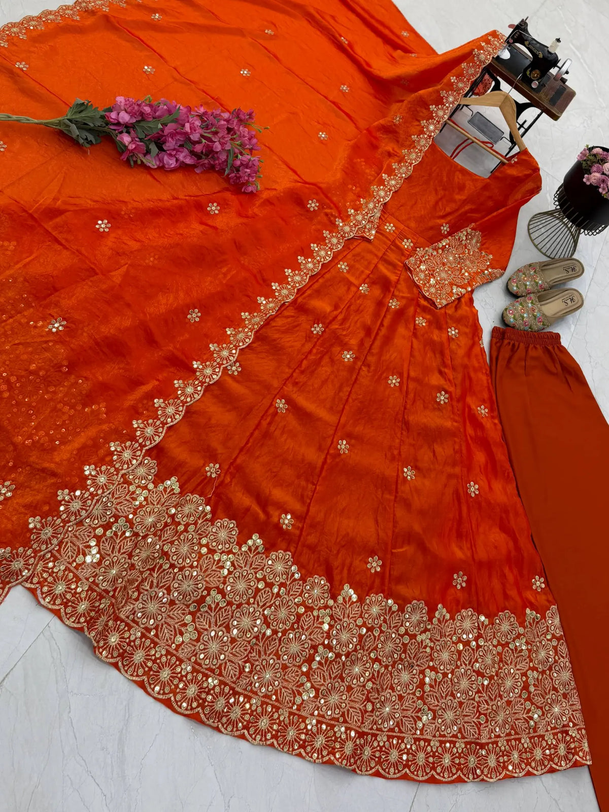 Floral Resham Sequin Silk Gown