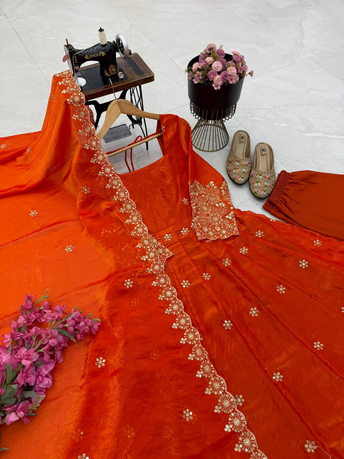 Floral Resham Sequin Silk Gown