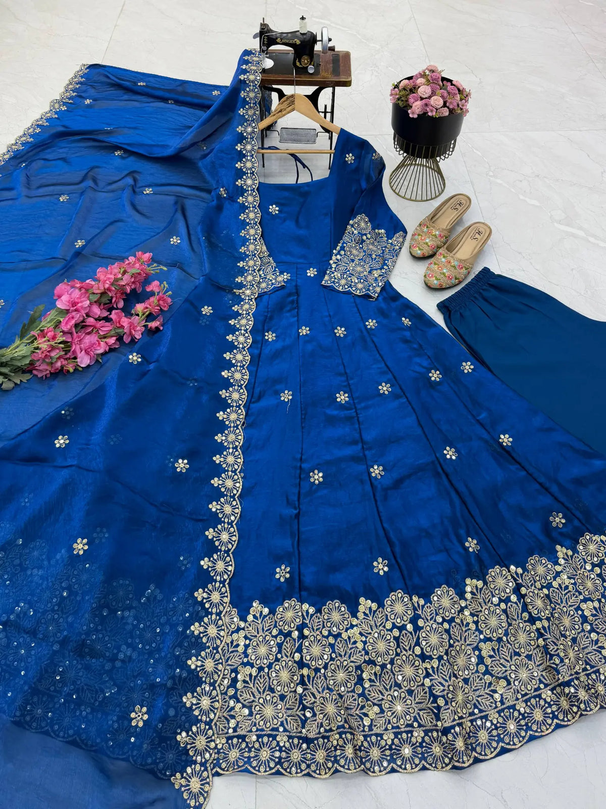 Floral Resham Sequin Silk Gown