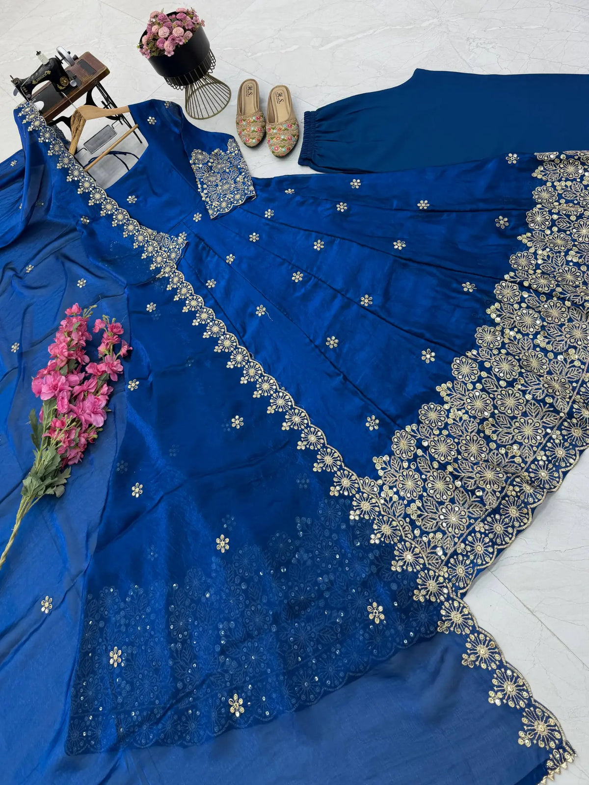 Floral Resham Sequin Silk Gown