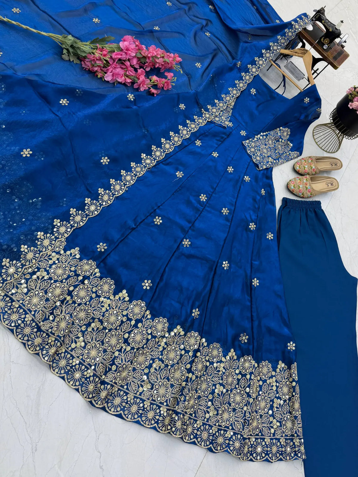 Floral Resham Sequin Silk Gown