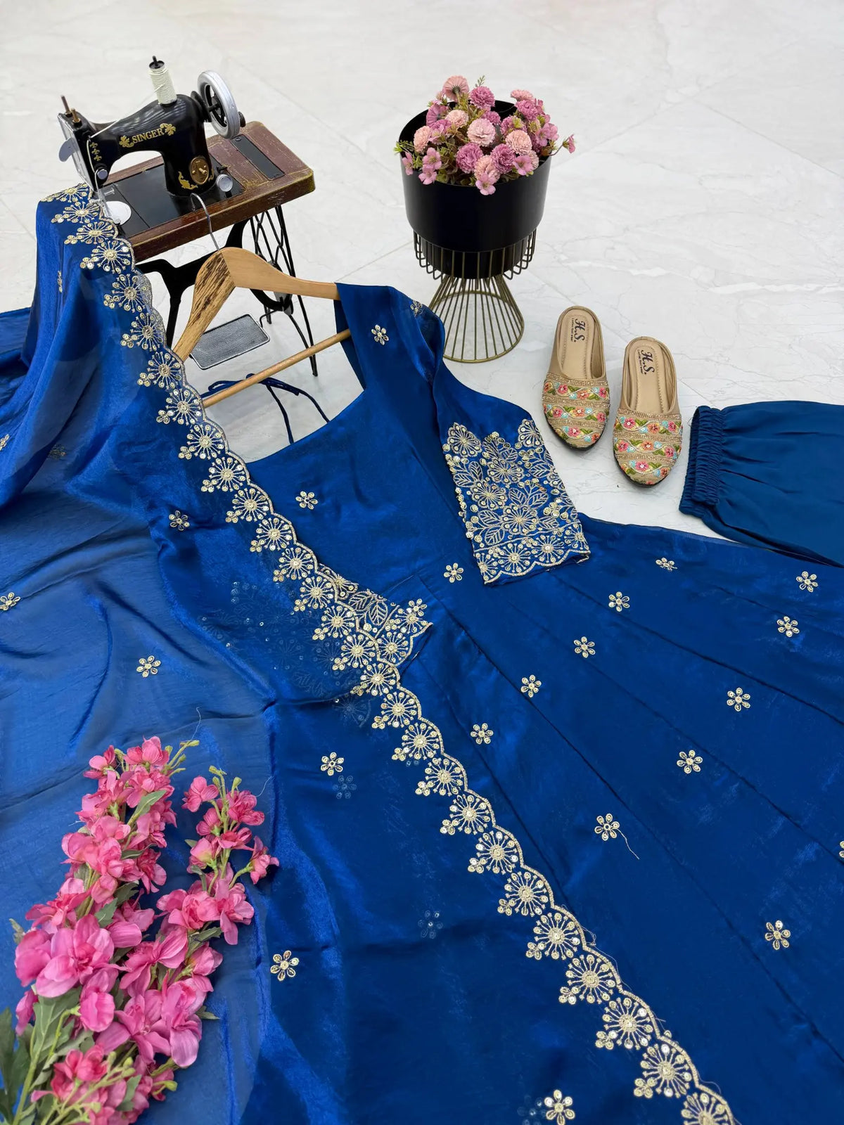 Floral Resham Sequin Silk Gown