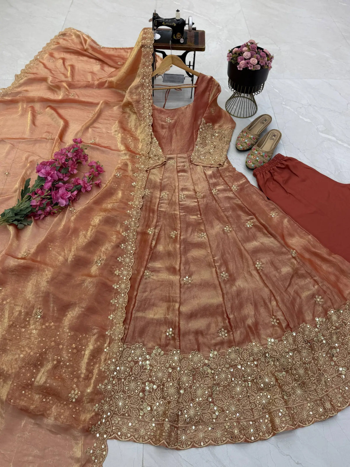Floral Resham Sequin Silk Gown