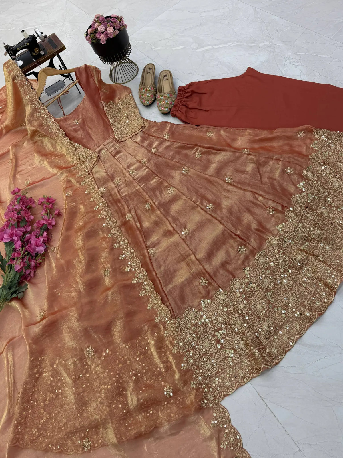 Floral Resham Sequin Silk Gown