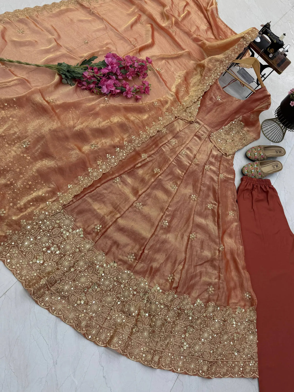Floral Resham Sequin Silk Gown
