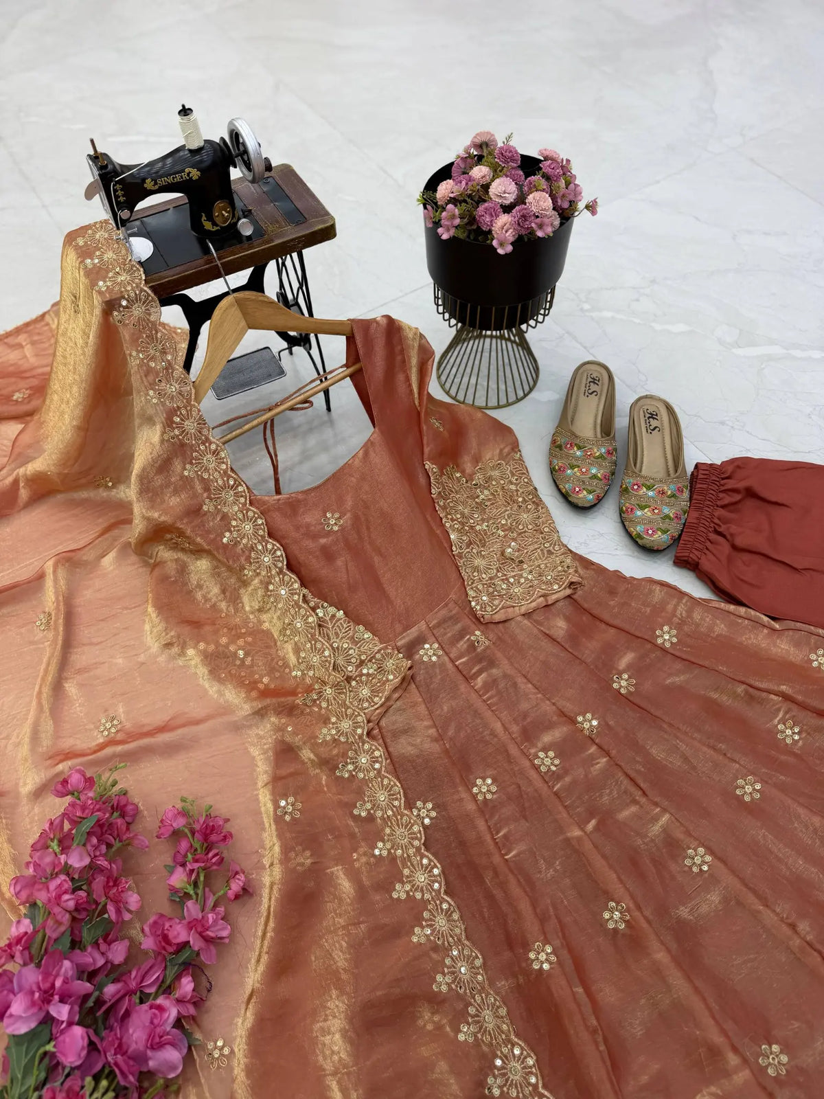 Floral Resham Sequin Silk Gown