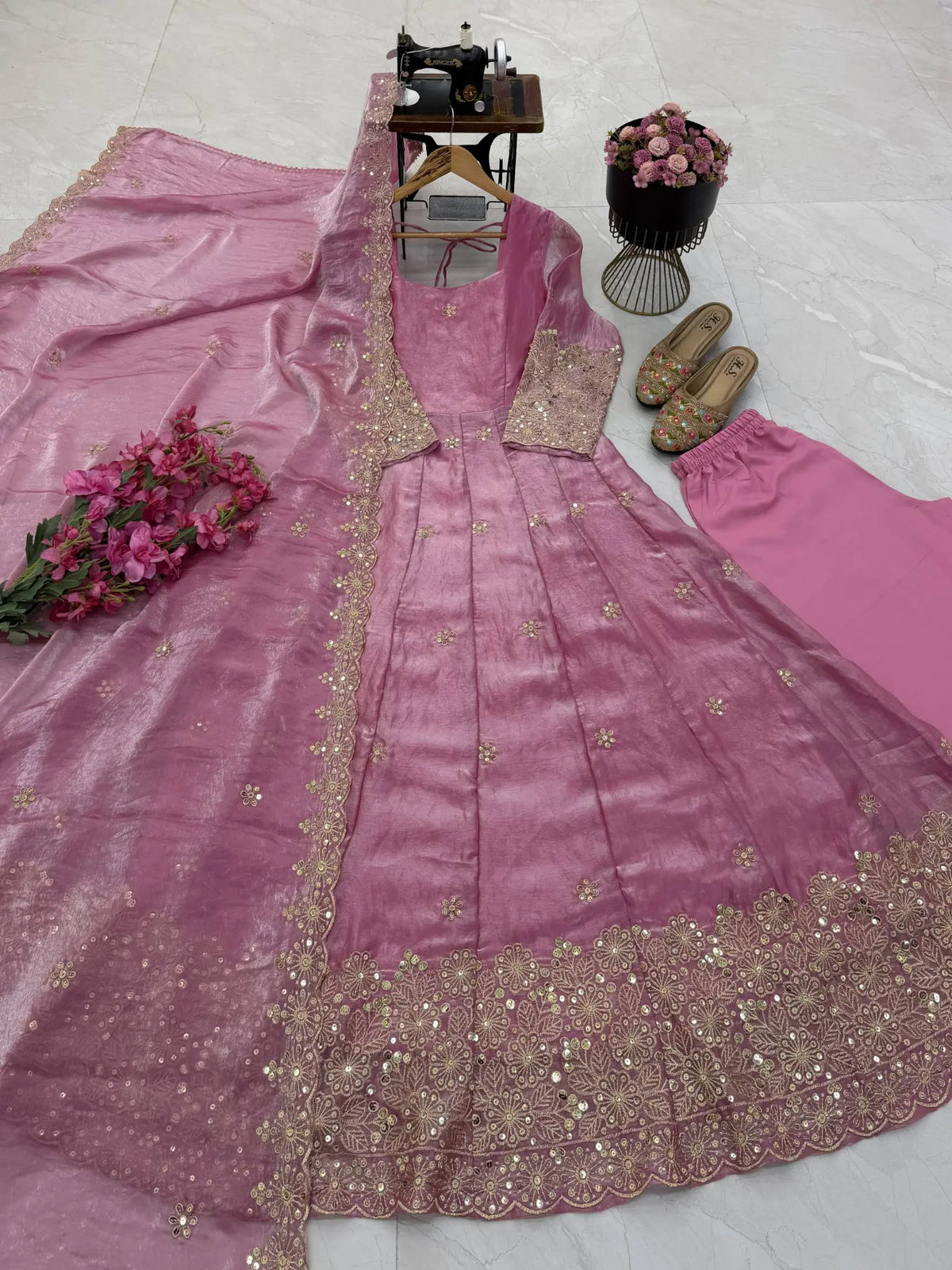 Floral Resham Sequin Silk Gown