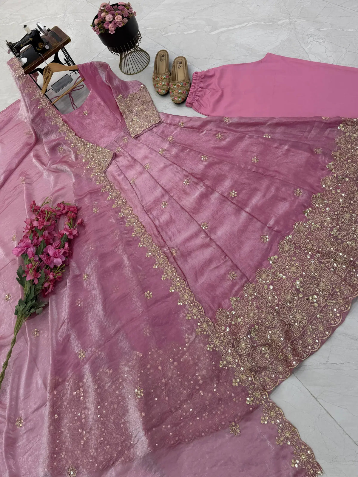 Floral Resham Sequin Silk Gown