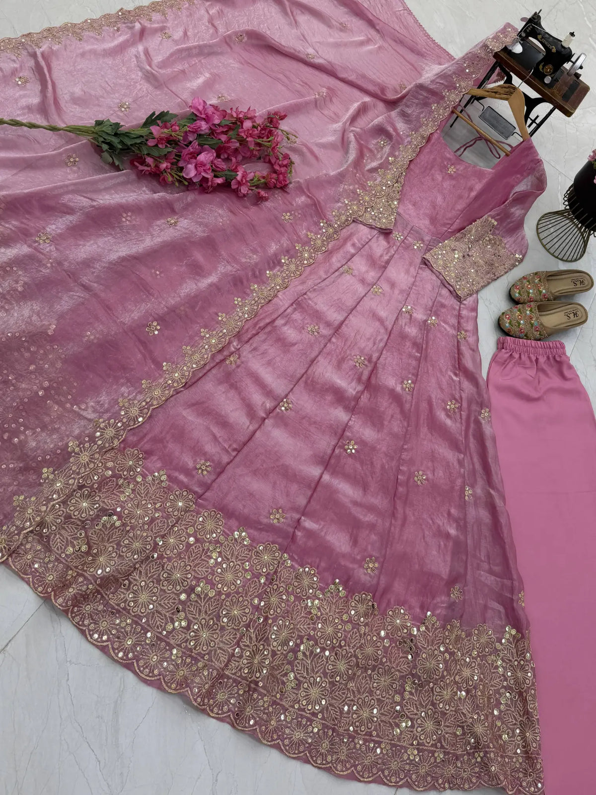 Floral Resham Sequin Silk Gown