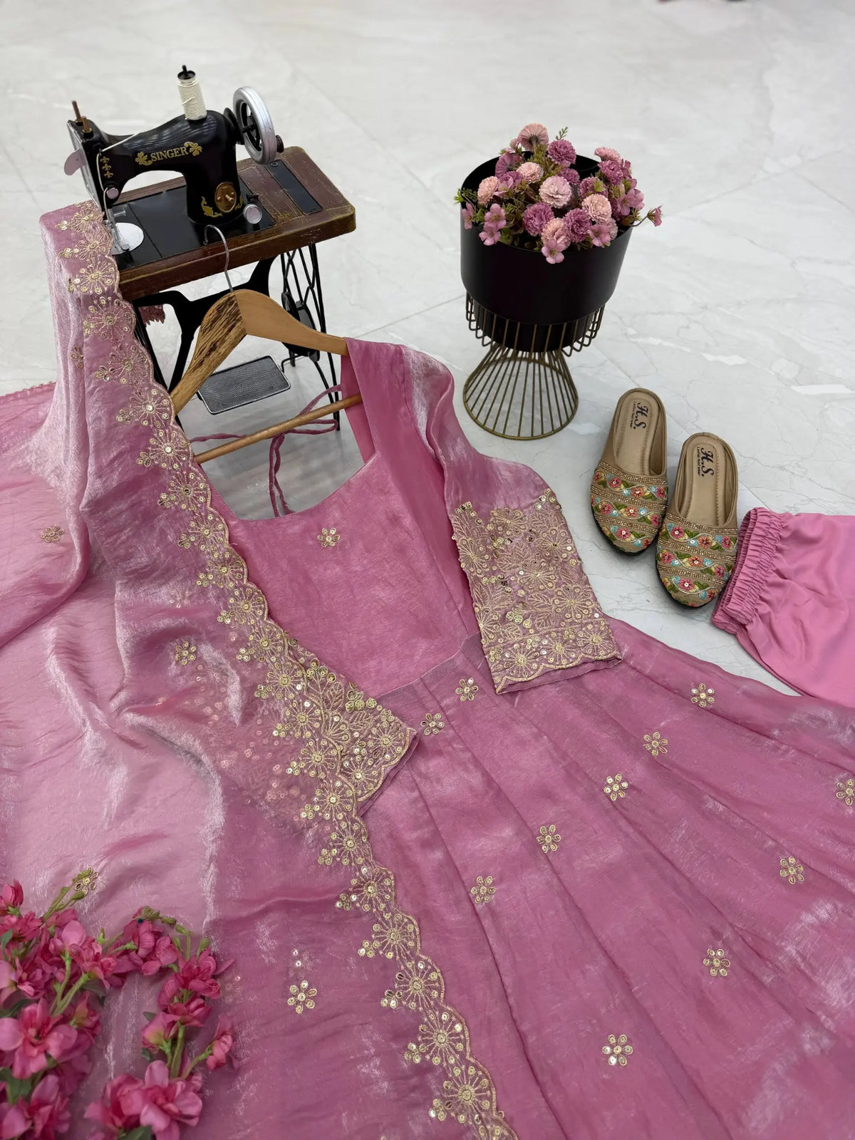 Floral Resham Sequin Silk Gown