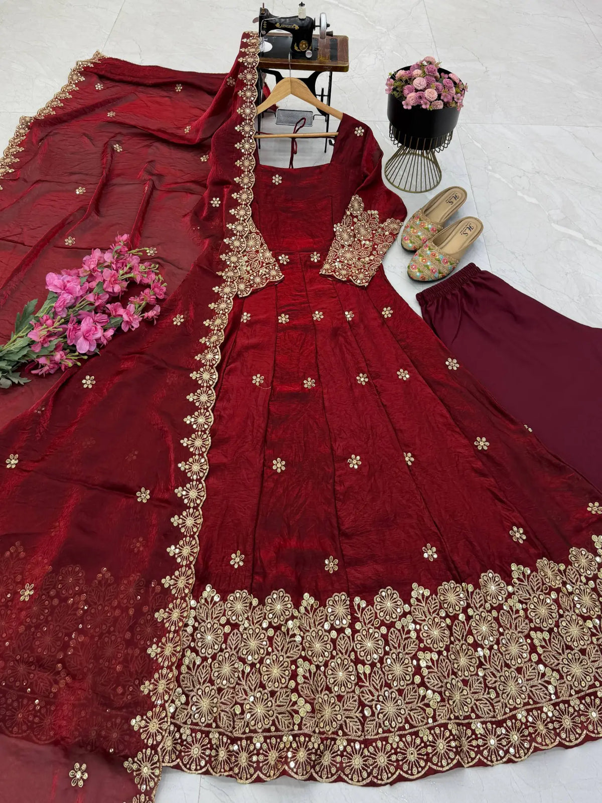 Floral Resham Sequin Silk Gown