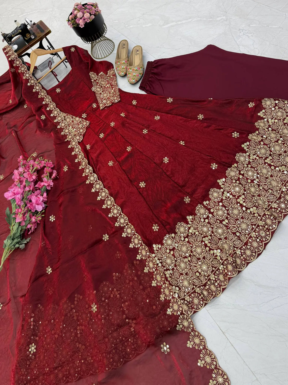 Floral Resham Sequin Silk Gown