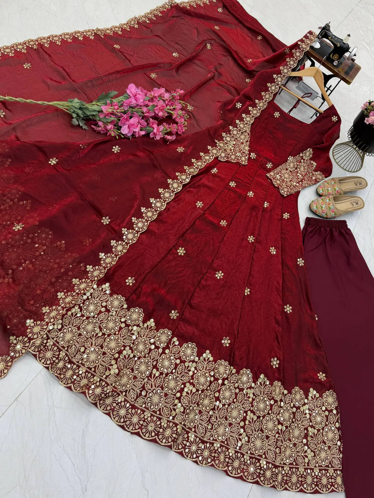 Floral Resham Sequin Silk Gown