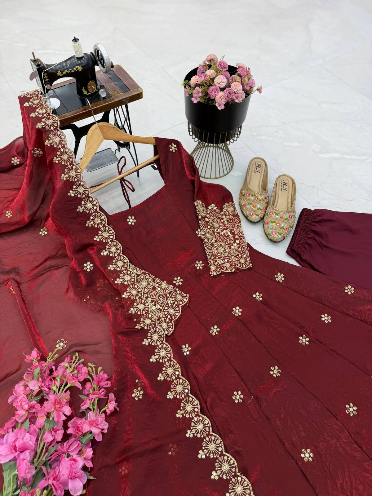 Floral Resham Sequin Silk Gown