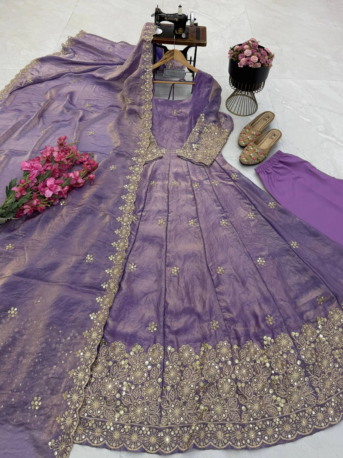 Floral Resham Sequin Silk Gown