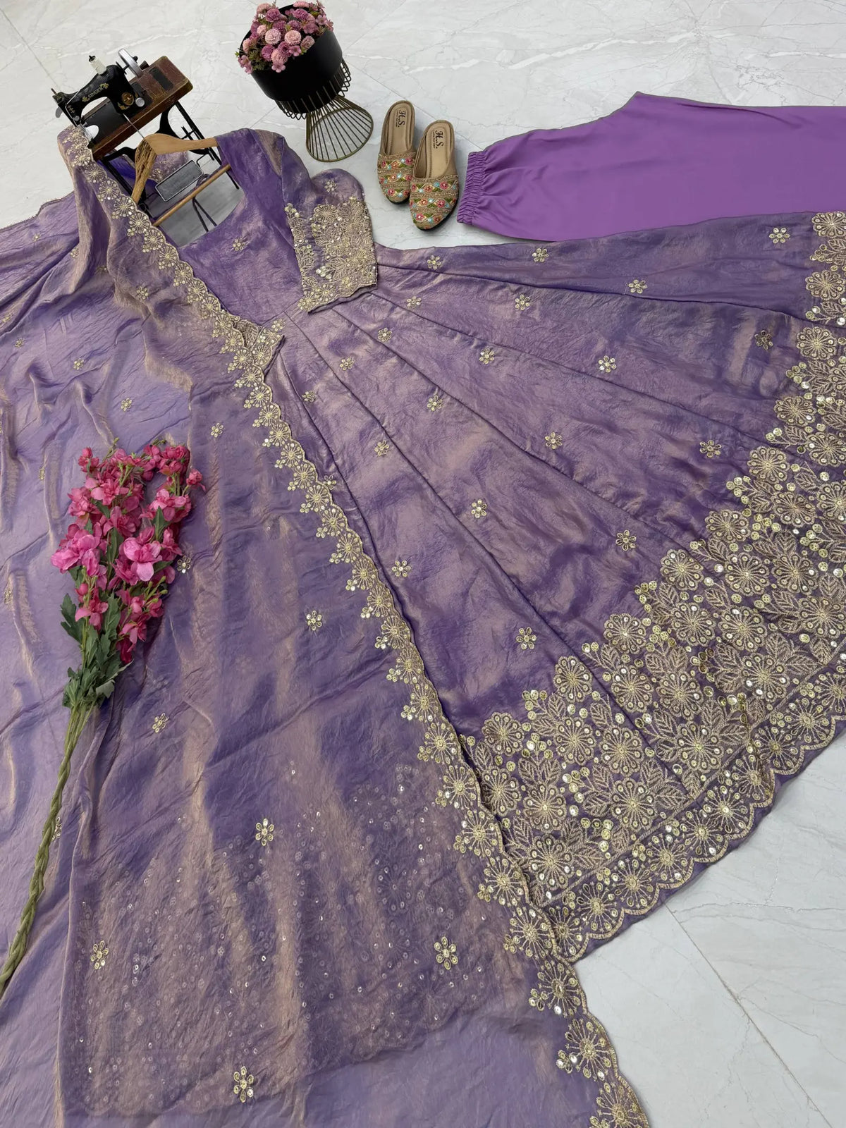 Floral Resham Sequin Silk Gown