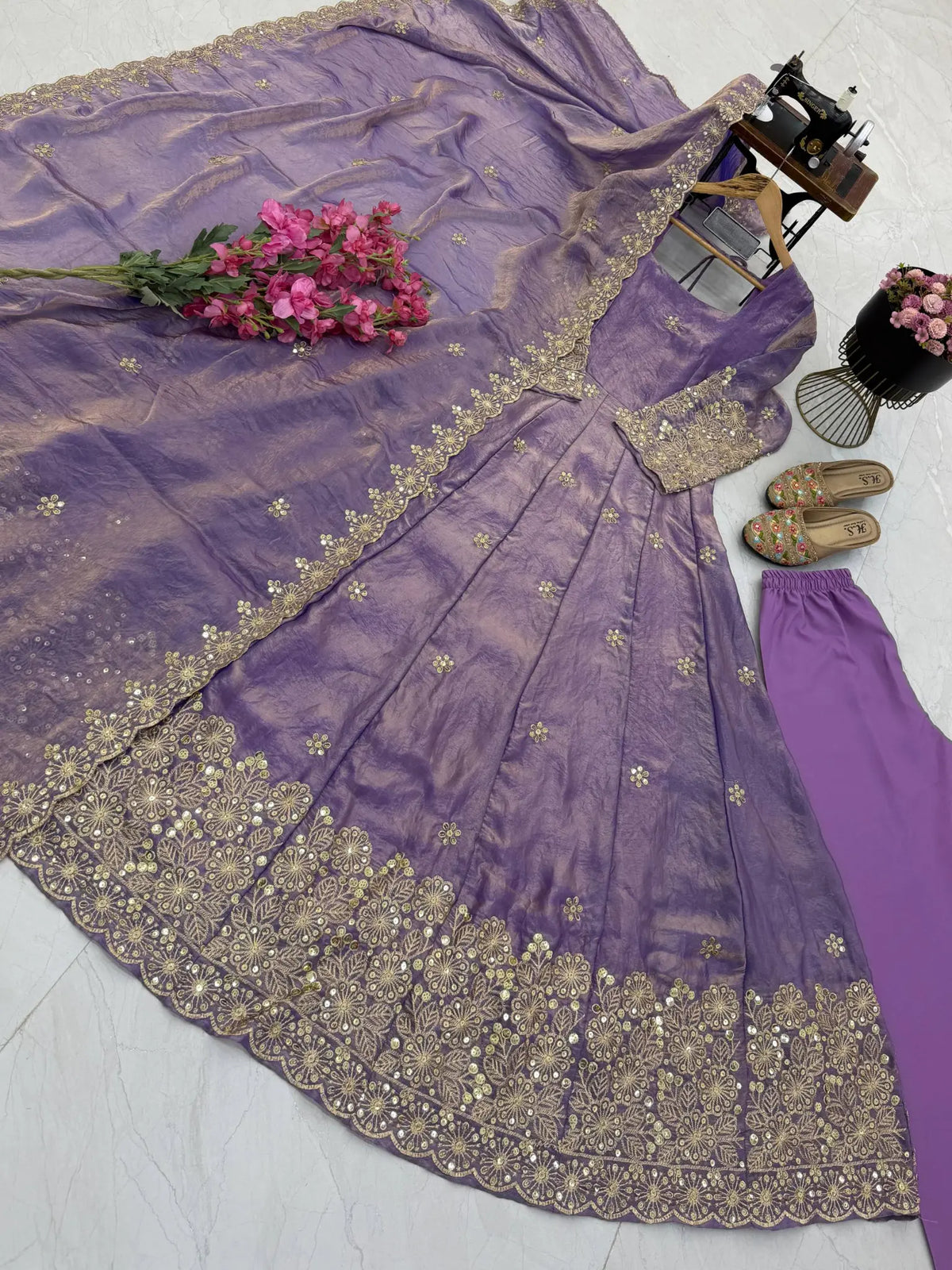 Floral Resham Sequin Silk Gown