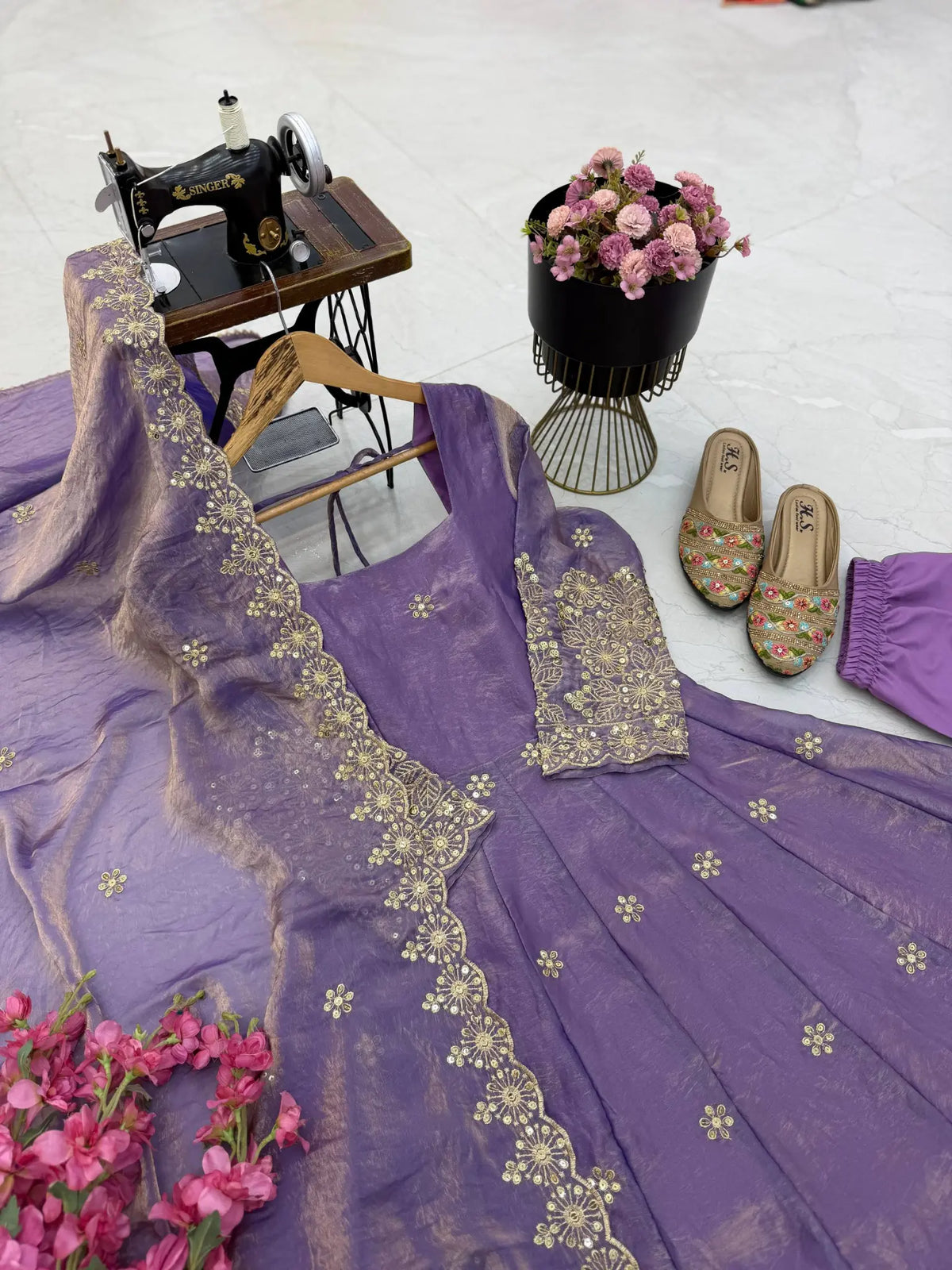 Floral Resham Sequin Silk Gown