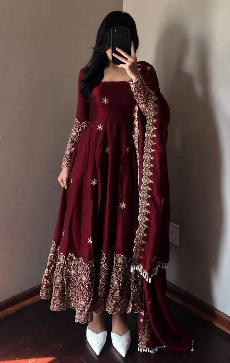 Floral Resham Sequin Silk Gown