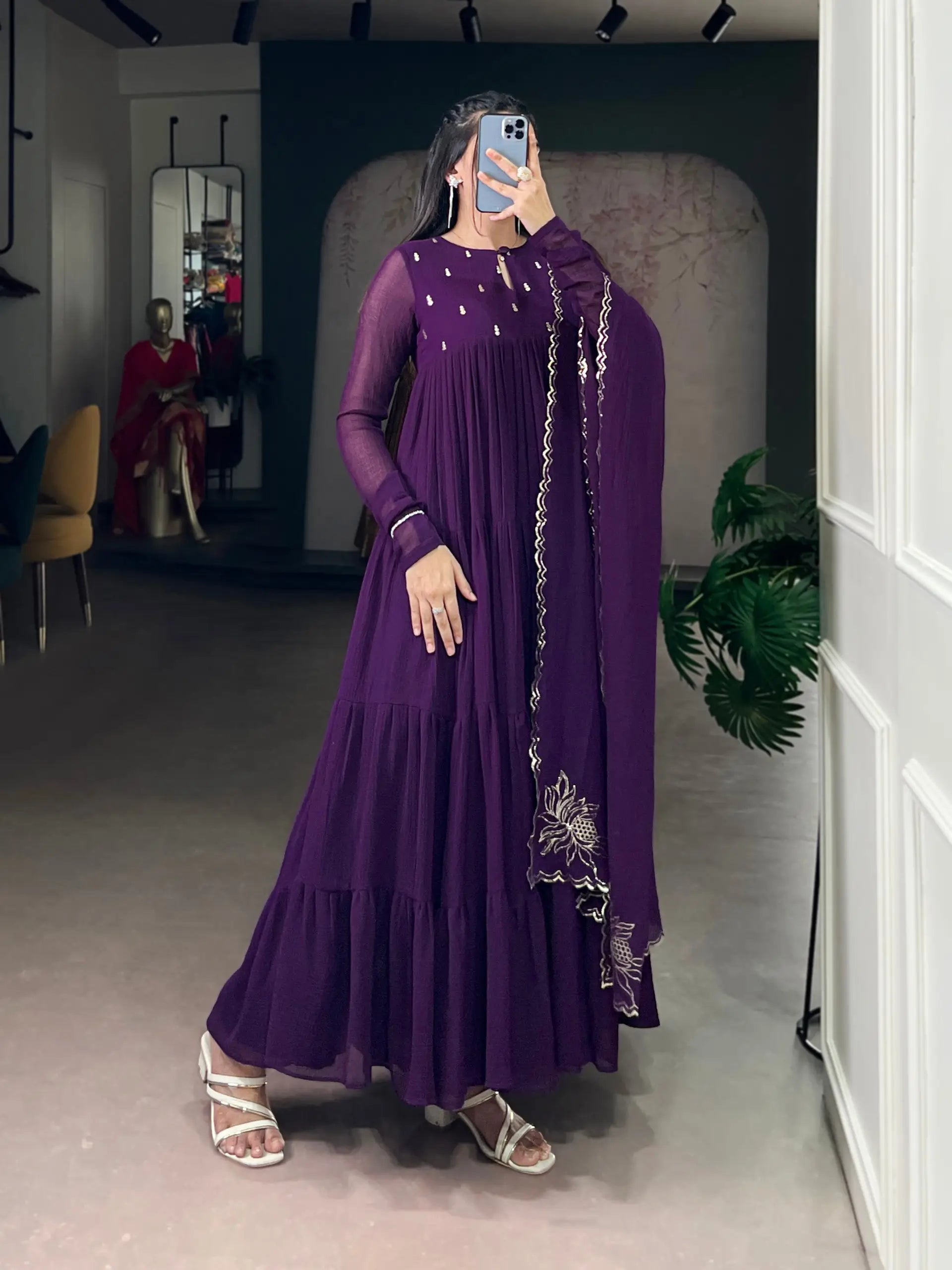 Foil Work Marble Anarkali Dress Set with Dupatta