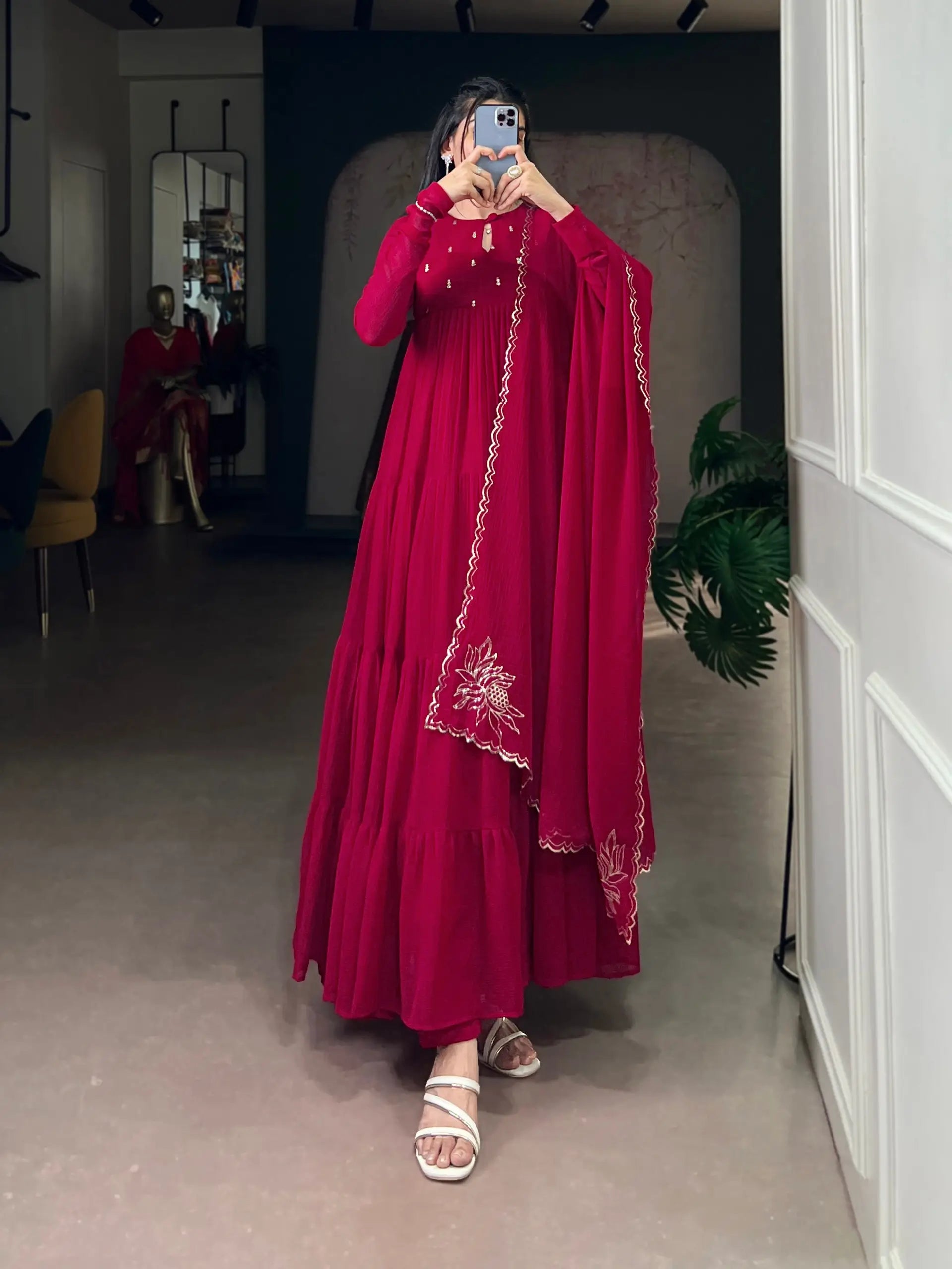 Foil Work Marble Anarkali Dress Set with Dupatta