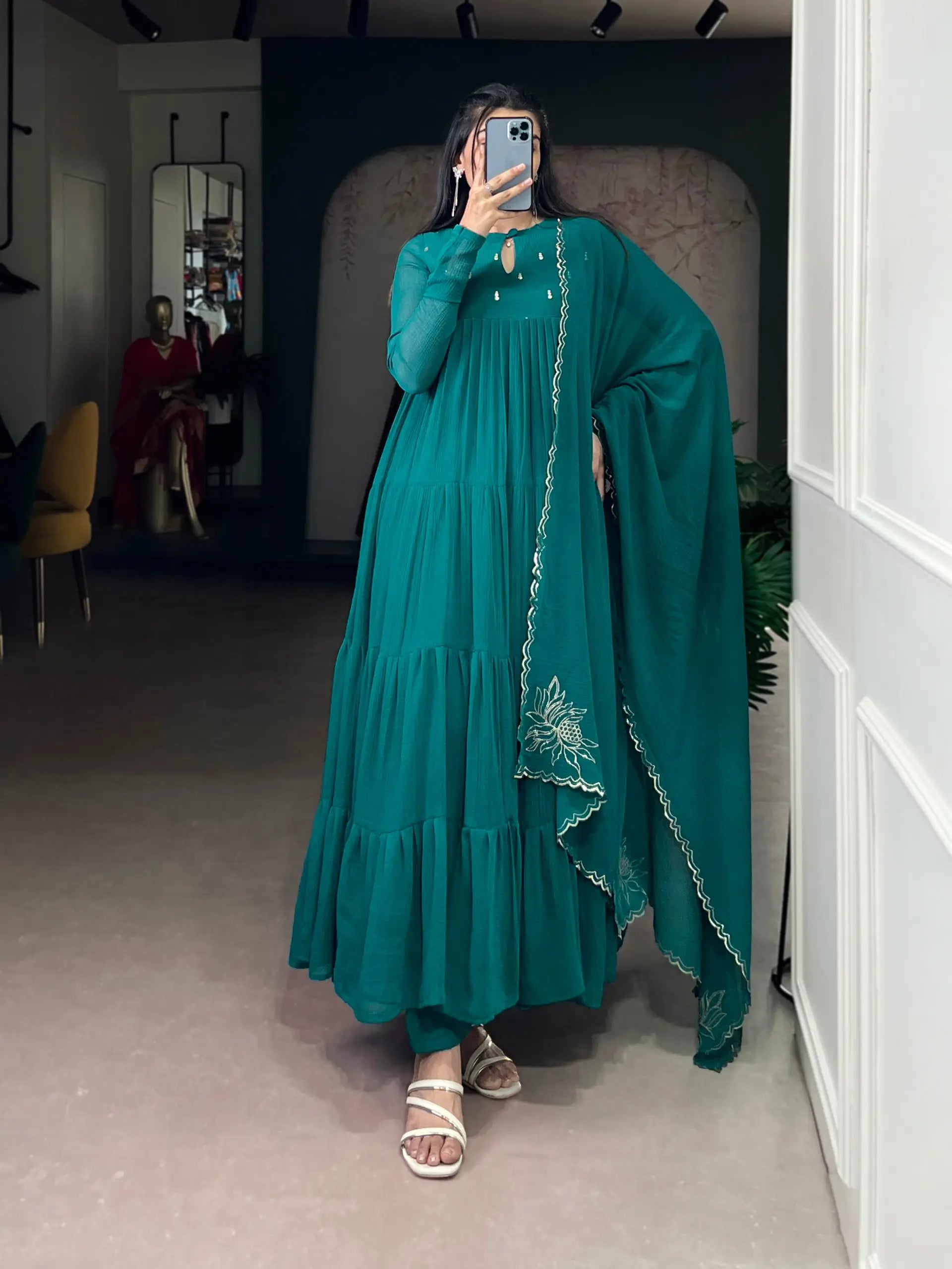 Foil Work Marble Anarkali Dress Set with Dupatta