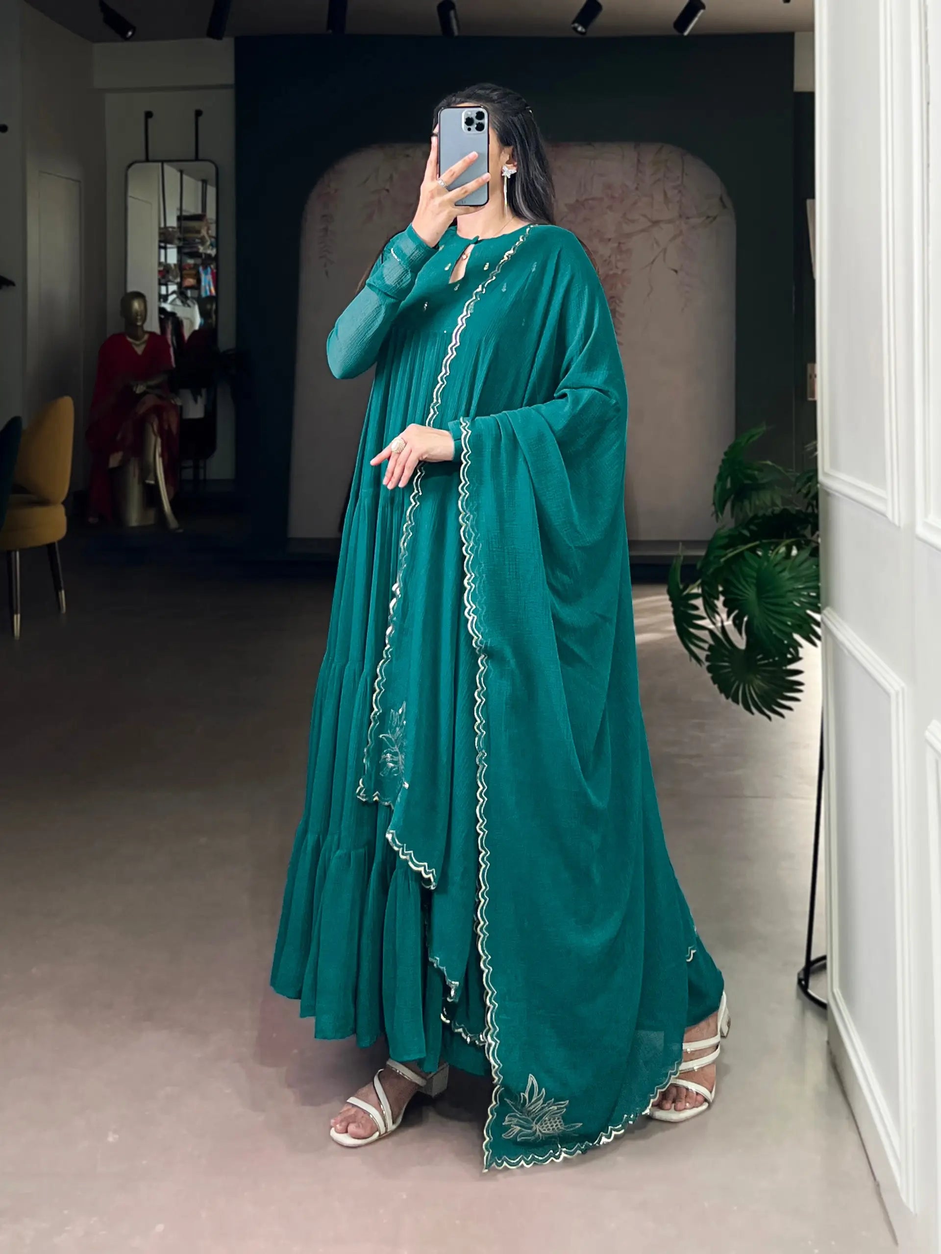 Foil Work Marble Anarkali Dress Set with Dupatta