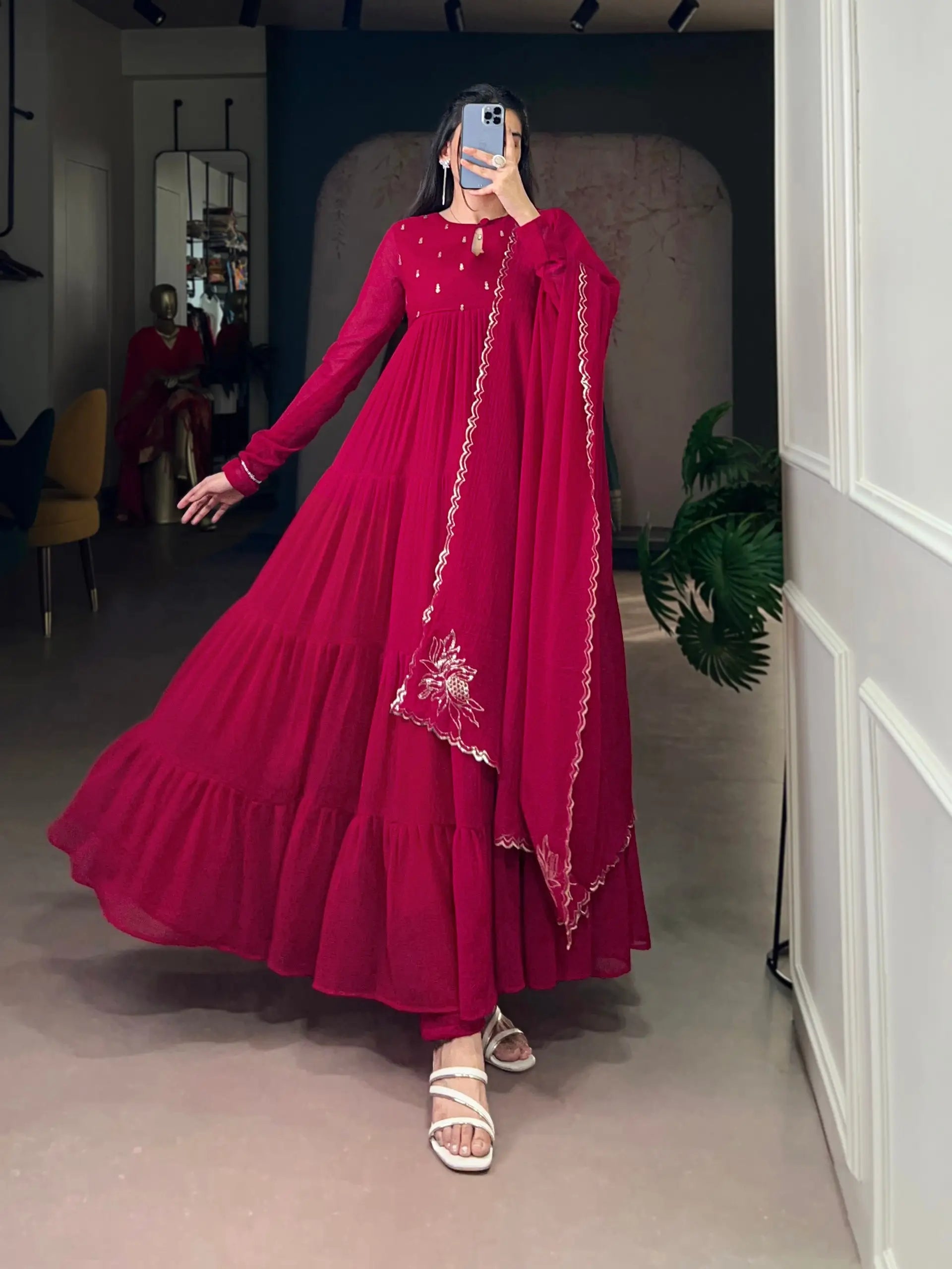 Foil Work Marble Anarkali Dress Set with Dupatta
