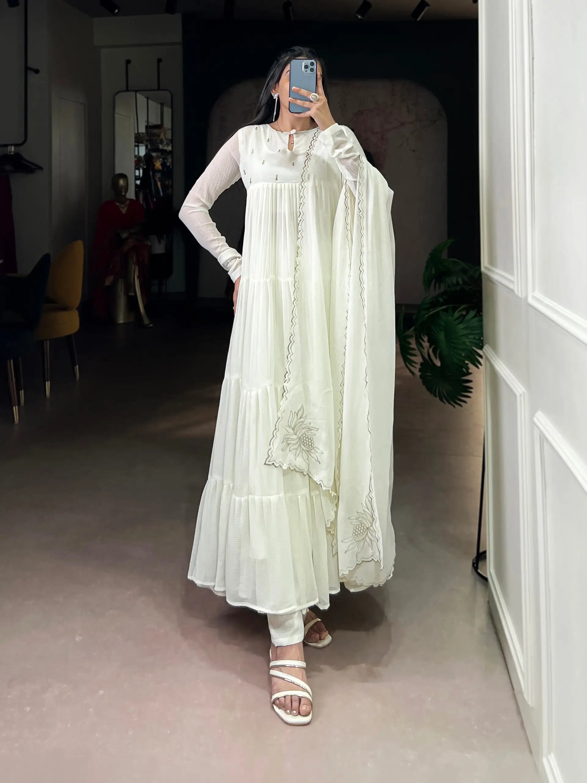 Foil Work Marble Anarkali Dress Set with Dupatta