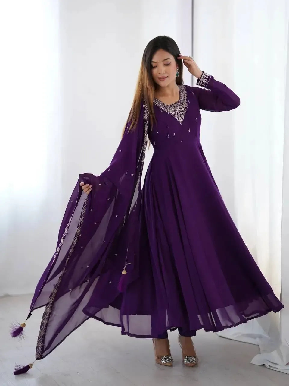 Fox Georgette Anarkali Set with Embroidery, Beads & Jari Work Dupatta